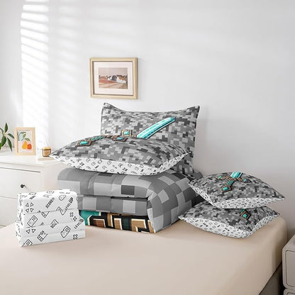 Cartoon Sword 7Pcs Comforter Set Queen Size,Pixelated Themed Games Bedding Set,Blue Sandbox Block Fitted Flat Sheet for Kids Boys Teens Men Room Decor,Grey Check Camo 2 Throw Pillow,2 Pillowcases