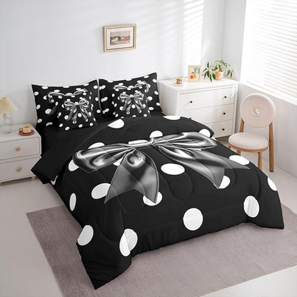 Feelyou Grey Bowknot 7 Piece Bedding Set Polka Point Comforter Set with Sheets for Kids Boys Girls Cute Bow Bed in a Bag Princess Theme Bed Set Soft Lightweight
