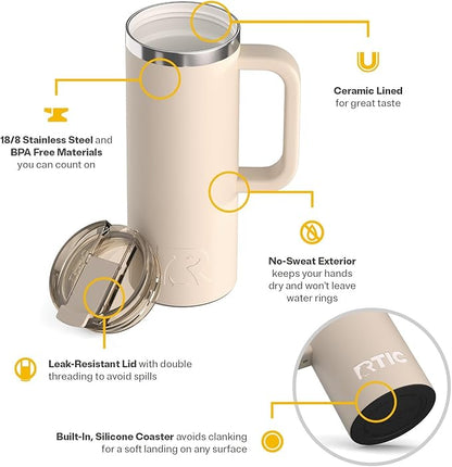 RTIC 20oz Road Trip Travel Mug with Lid and Handle, Ceramic Lined, Insulated, Stainless Steel, Metal, Double Wall Vacuum-Insulation, Portable Coffee, Tea Cup for Hot and Cold Drink, Beach