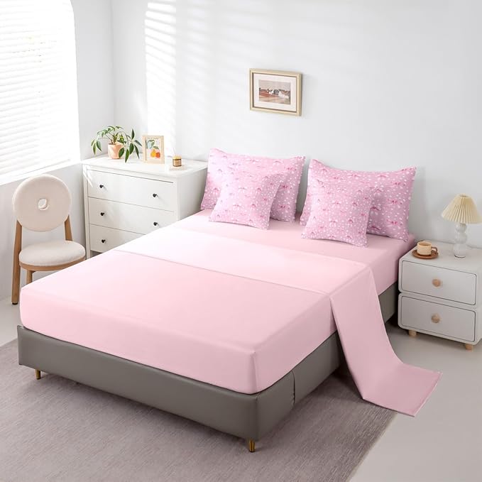 Erosebridal Pink White Starry Girly Bowknot Full Comforter Set 7 Pieces | Kawaii Bow Cute Dreamy Bed in A Bag for Bedroom Princess Ribbon Bedding Set with Comforters Women Kids Room Decor