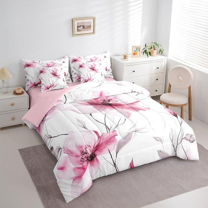 Erosebridal Boho Floral King Comforter Set with Sheets, Pink Flower 7 Pcs Bedding Set for Young Women Girls Adults, Elegant Watercolor Floral Bed in A Bag, Ink Painting Style Blossom & Leaf Bed Sets