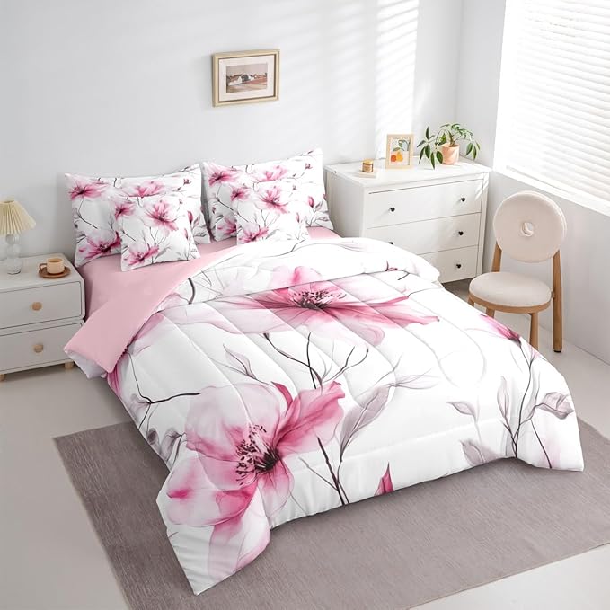 Erosebridal Boho Floral Full Comforter Set with Sheets, Pink Flower 7 Pcs Bedding Set for Young Women Girls Adults, Elegant Watercolor Flower Bed Sets, Ink Painting Style Blossom & Leaf Bed in A Bag