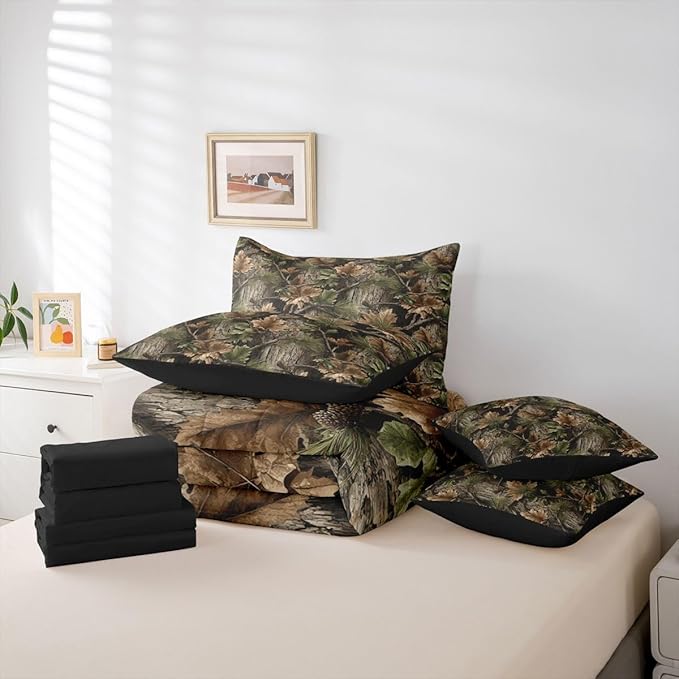 Erosebridal Camo Hunting 7 Piece Bedding Set King Rustic Camouflage Comforter Set with Sheets Woodland Cabin Tree Leaves Bed in a Bag Camping Farm House Bed Sets Comforter