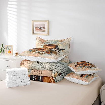 Erosebridal Western Cowboy 7 Piece Comforter Set King | Country Western Hats Bed in A Bag Hippie Blooming Floral Sheet Set Reversible American Wild West Fitted Sheet Breathable Lightweight