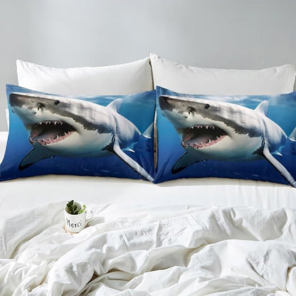 Kids Comforter Set for Boys Girls,3D Shark Fish Down Comforter 3 Piece Hawaiian Beach Theme Bedding Quilted Duvet Set Ocean Sea Animal Pattern Blue Duvet Insert for Toddler Teen Bedroom Decor,Full