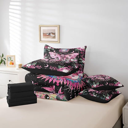 Feelyou Pink Purple Death Moth Bedding Set with Comforter, Boho Moth Comforter King Size 7Pcs Sun Moon Butterfly Bed in a Bag with Comforter, Boho Floral Flat Sheet, Fitted Sheet, Pillowcases