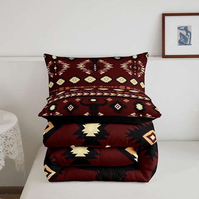 Feelyou Brown Western Aztec Decor Comforter Set Southwestern Twin Size Bedding Set Exotic Bull Skull Duvet Quilt Ethnic Tribal Bedroom Decor