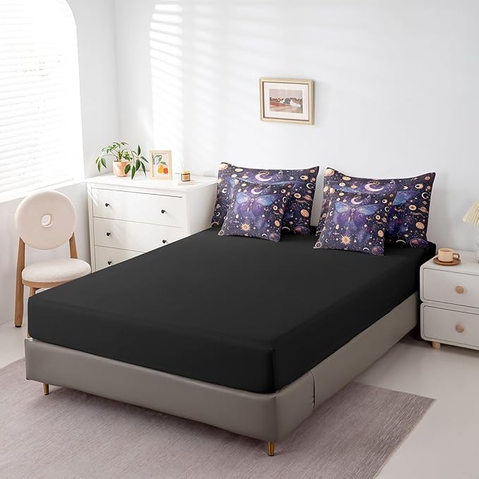 Erosebridal Purple Butterfly Comforter Set Twin 7 Piece,Gold Sun Moon and Stars Bedding Set Boho Trippy Room Decor,Galaxy Constellation Bed in a Bag with Fitted Sheet,Flat Sheet,Pillowcases & Shams