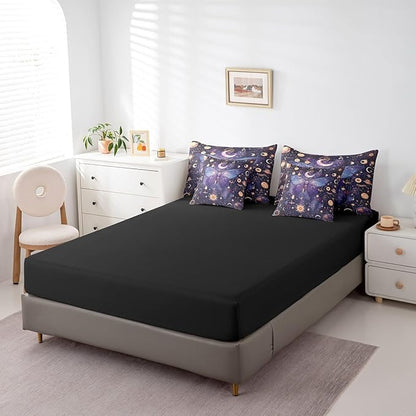 Erosebridal Purple Butterfly Comforter Set King 7 Piece,Gold Sun Moon and Stars Bedding Set Boho Trippy Room Decor,Galaxy Constellation Bed in a Bag with Fitted Sheet,Flat Sheet,Pillowcases & Shams