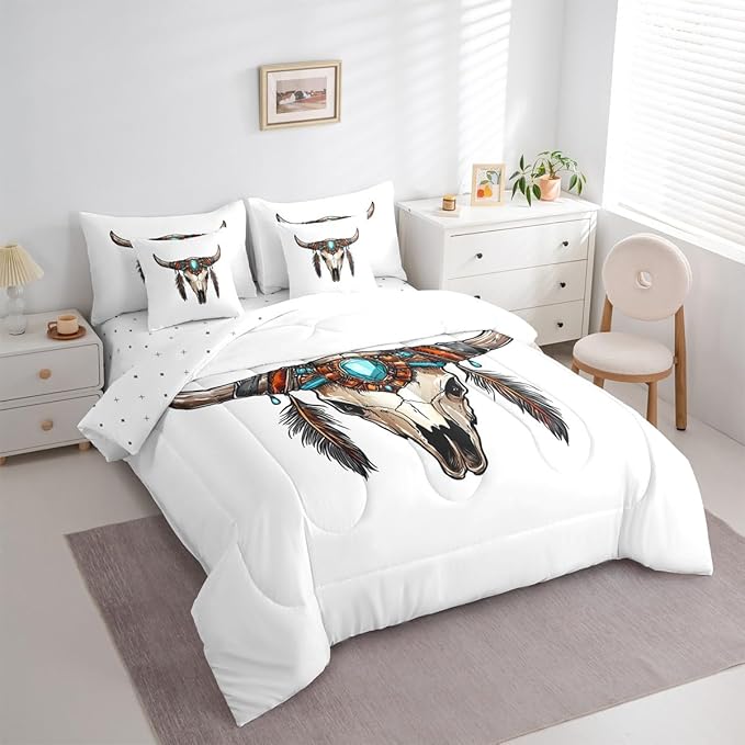 Erosebridal Aztec 7 Piece Bedding Set Twin Bull Skull Comforter Set with Sheets Gemstones Feathers Pattern Southwest Bed in a Bag Mysterious Hand Drawn Bohemian for Teens Men Women