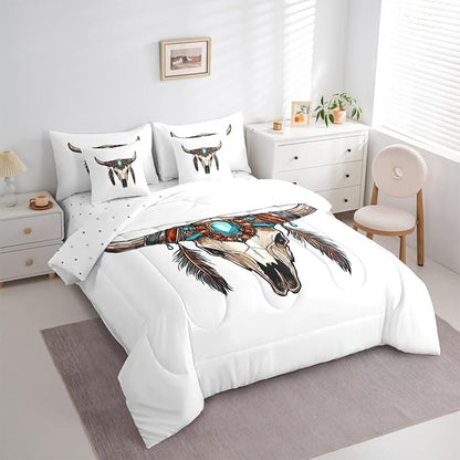 Erosebridal Aztec 7 Piece Bedding Set Full Bull Skull Comforter Set with Sheets Gemstones Feathers Pattern Southwest Bed in a Bag Mysterious Hand Drawn Bohemian for Teens Men Women