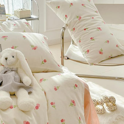 Nayoroom Pink Floral Comforter Set Twin Size Coquette Tulip Printed on White Comforter 2 Pcs Kids Girls Soft Lightweight Cute Bedding Set for All Seasons (1 Comforter, 2 Pillow Shams)
