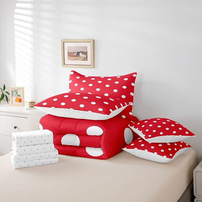 Feelyou Polka Dot 7 Piece Bedding Set Red White Comforter Set with Sheets for Kids Boys Girls Geometric Plaid Bed in a Bag Modern Cute Bed Set Soft Lightweight