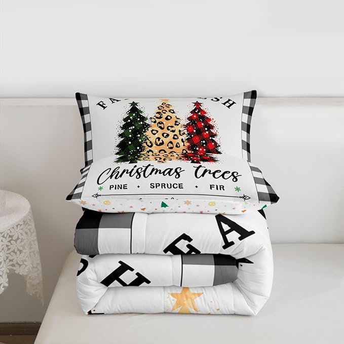 Christmas Tree Comforter Set Twin Size,Black White Geometric Check Bedding 2pcs for Kids Girls Adults Home Winter Room Decor,Red Green Leopard Pine Quilt Happy New Year Duvet Insert
