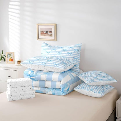 Erosebridal Bowknot Girls White Blue Kawaii Comforter Set Queen Size 7 Pieces | Cute Bow Bed in A Bag Geometric Bed Set Stripe Bedding