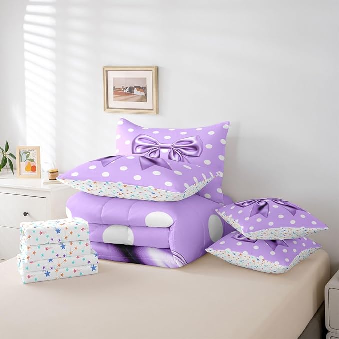 Feelyou Purple Bowknot 7 Piece Bedding Set Polka Point Comforter Set with Sheets for Kids Boys Girls Cute Bow Bed in a Bag Princess Theme Bed Set Soft Lightweight