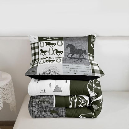 Erosebridal Rustic Horse Bedding Set, Retro Western Cowboy Horseshoe Comforter Set Queen, Southwestern Riding Boots Arrow Quilt Rustic Adventure Duvet Insert Cabin Lodge Bedroom Decor, 2 Pillow Cases