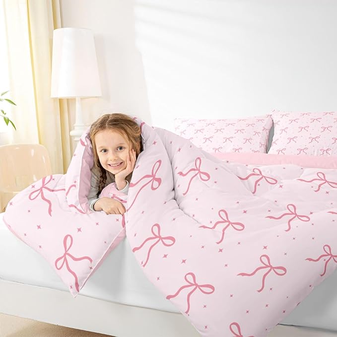 Erosebridal Pink Bow Toddler Bedding Set for Girls Women Ribbon Bows Comforter Set Preppy Bows Comforter for Kids Adults Coquette Room Decor Girly Princess Pink Quilt Duvet