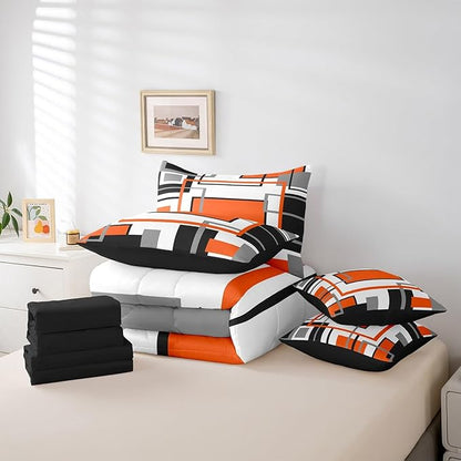 Erosebridal 7Pcs Orange White Twin Size Comforter Set,Modern Abstract Square Geometric Bed in A Bag,Boho Graffiti Striped Quilt,Minimalist Art Contemporary Bedding with Bed Sheets