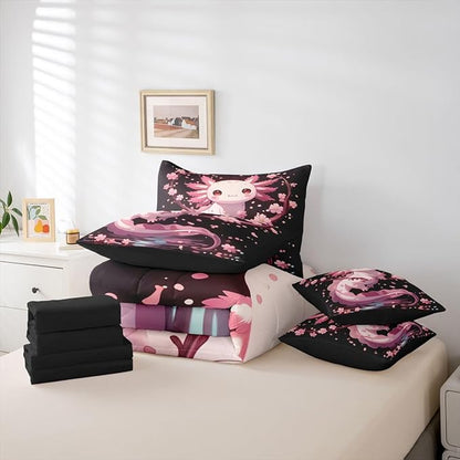 Erosebridal Axolotl Bed in A Bag Twin | Cherry Blossom Japanese 7 Piece Comforter Set Wildlife Pet Animal Pink Salamander Sheet Set Reversible Underwater World Fitted Sheet Breathable Lightweight