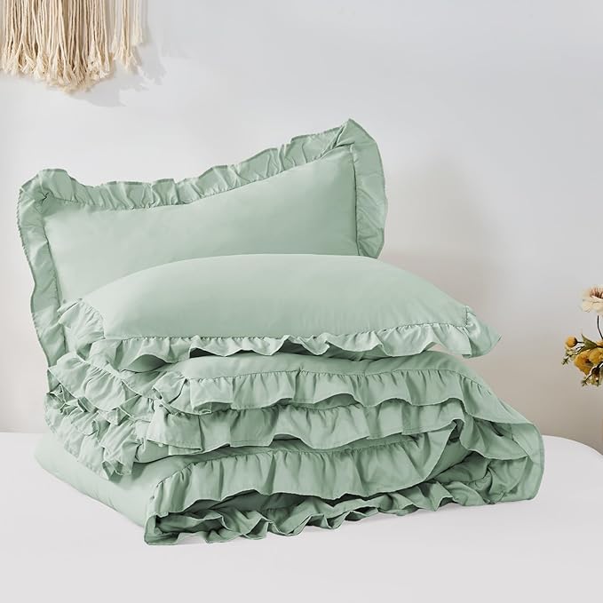 FUANNA Queen Comforter Set Sage Green, 3 Pieces Ruffle Queen Bed Set, Fluffy Bed in a Bag Queen for All Seasons, Shabby Chic Bedding Comforter Sets with 1 Lightweight Comforter & 2 Pillowshams