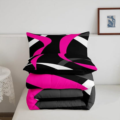 Erosebridal Grey Black Hot Pink Bedding Comforter Sets Gray White Striped Abstract Bedding Set Toddler for Kids Girls Teen Women Geometric Stripes Down Comforter Modern Fashion Quilt Duvet