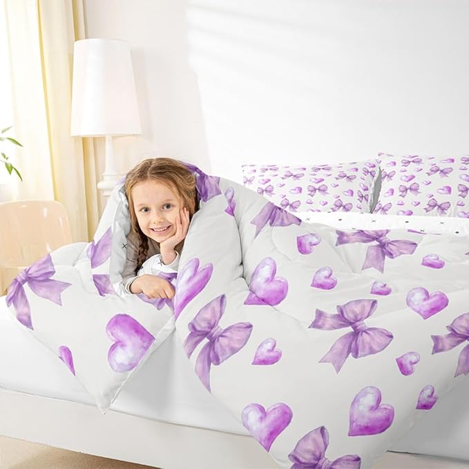 Erosebridal Purple Bow Girls Bedding Set with Sheets King Ribbon Bowknot Comforter Set for Kids Teen Girls Women Bedroom Dreamy Princess Coquette Comforter Trendy Preppy Bows Quilt Duvet