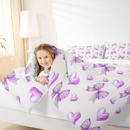 Erosebridal Purple Bow Girls Bedding Set with Sheets King Ribbon Bowknot Comforter Set for Kids Teen Girls Women Bedroom Dreamy Princess Coquette Comforter Trendy Preppy Bows Quilt Duvet