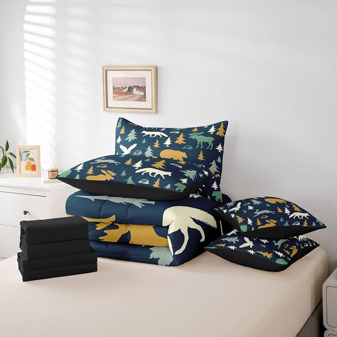 Feelyou Bear Comforter Set Twin Size 7 Pcs Woodland Fox Deer Comforter Bed in a Bag Cabin Lodge Farmhouse Bedding Set for Boys Girls Rustic Wild Animal Bed Set with Sheets, Pillowcases, Pillow Covers