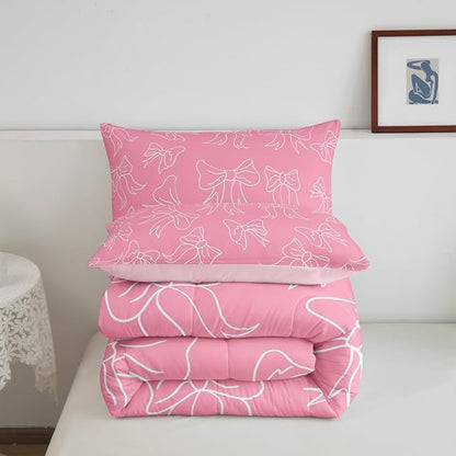 Feelyou Cute Bowknot Bedding Set Boys Girls Full Size Pink Girls Bow Comforter Set for Kids Women Men Ultra Soft Bow and Stripes Duvet Quilt Kawaii Room Decor
