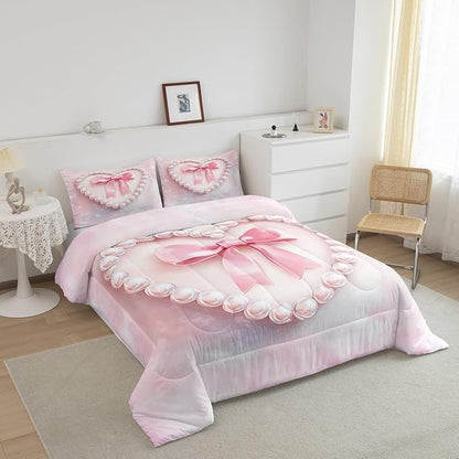 jejeloiu Girls Silk Bow Bedding Set King Size Pink Pearl Comforter Set for Kids Women Princess Style Duvet Set Pink Ombre Quilt Set 3Pcs