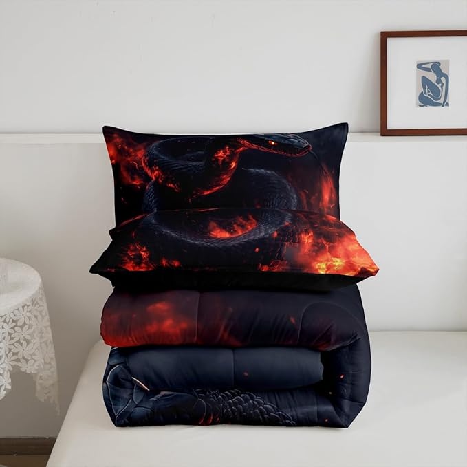 Manfei Snake Kids Comforter Full,Exotic Fire Snake Bedding Set for Girls Youth Bedroom Decor,3D Flame Magma Reversible Quilt Sets,Safari Animal Bedding Comforter Set,Soft Fluffy