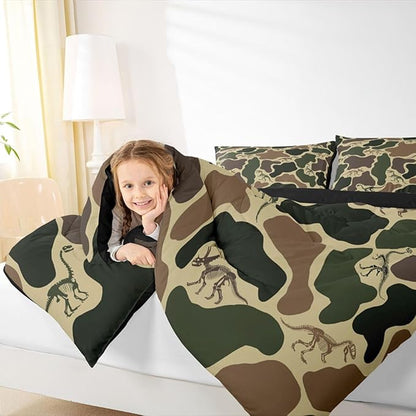 Erosebridal Dino Camouflage Comforter Set Toddler Size Dark Green Camo Bedding Set for Kids Boys Girls Dinosaur Skeleton Comforter Vintage Skeleton Rustic Quilt Bedroom Decor