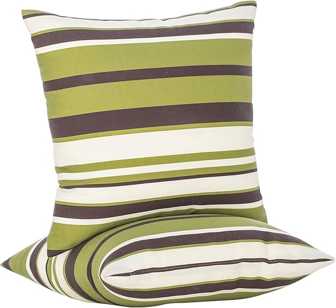 JMGBird Weather-Resistant Outdoor Pillows Set of 2, 18x18 inch Durable White Green Brown Stripes Throw Pillows with Inserts for Patio Furniture