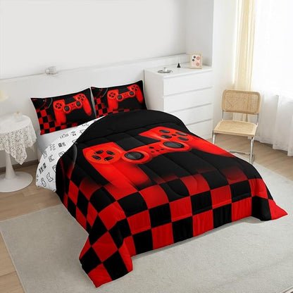 Erosebridal Gamer Bedding Sets for Boys，Gaming Comforter Sets King for Kids Teen Boys Gamer Room Decor,Video Game Gamepad Duvet Insert,Plaid Check Grid Artwork Down Comforter 3pcs,Black Red
