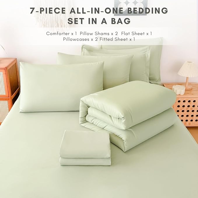 Cal King Comforter Set - 7 Pieces Sage Green Bed in a Bag Cal King Bedding Sets with Comforters, All Seasons Ultra Soft Comforter Bed Set with Sheets,Pillowcases & Shams (104"x90")