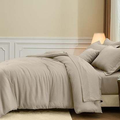 FUANNA King Size Comforter Sets Oatmeal, 7 Pieces Soft Bedding Set, All Season Lightweight Bed in a Bag with Comforter, Flat Sheet, Fitted Sheet, Pillowcases & Shams