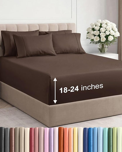 Extra Deep Queen Sheet Set - 6 Piece Breathable and Cooling Sheets - Hotel Luxury Bedding for Women, Men, Kids & Teens - Easy & Secure Fit - Soft, Wrinkle Free and Comfy - Extra Deep Pockets - Brown