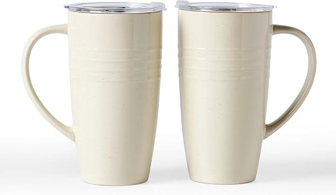 famiware Jupiter Large Coffee Mug, 20oz Coffee Mug with Lid, Ceramic Mugs Set of 2, Cup Set with Handle for Latte, Tea, Cocoa, Milk, Home & Office, Microwave and Dishwasher Safe, Vanilla White