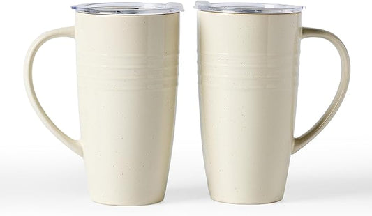 famiware Jupiter Large Coffee Mug, 20oz Coffee Mug with Lid, Ceramic Mugs Set of 2, Cup Set with Handle for Latte, Tea, Cocoa, Milk, Home & Office, Microwave and Dishwasher Safe, Vanilla White