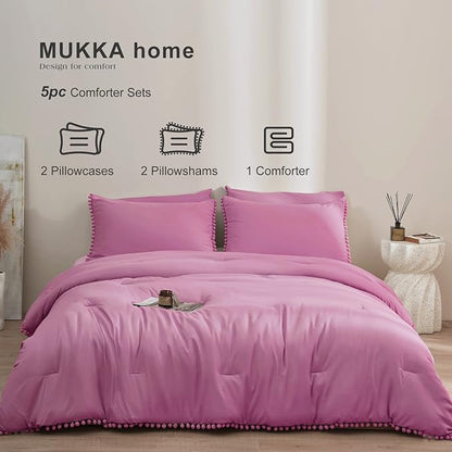 MUKKA Queen Comforter Set 5- Piece Comforter Queen Size Hot Pink, Boho Pom Pom Fringe Comforter Sets Queen Size, Bedding Comforter Sets with 2 Pillowcases 2 Pillowshams