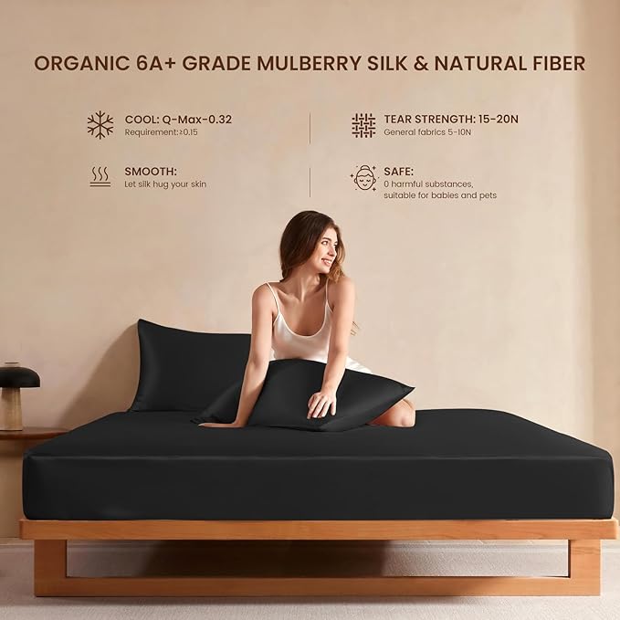 THXSILK Luxury Mulberry Silk Bed Sheets Set - 4pcs Silk Sheets Set 16" Deep Pocket - 1 Fitted Sheet, 1 Flat Sheet, 2 Pillowcases with Zipper Closure - Full, Black