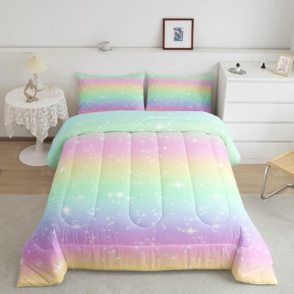 Feelyou Cute Rainbow Comforter Set Full Size Lovely Kids Rainbows Bedding Set for Kids Boys Girls Glitter Galaxy Duvet Quilt Multicolor Bedroom Decor Microfiber 3 Pcs with 2 Pillow Cases