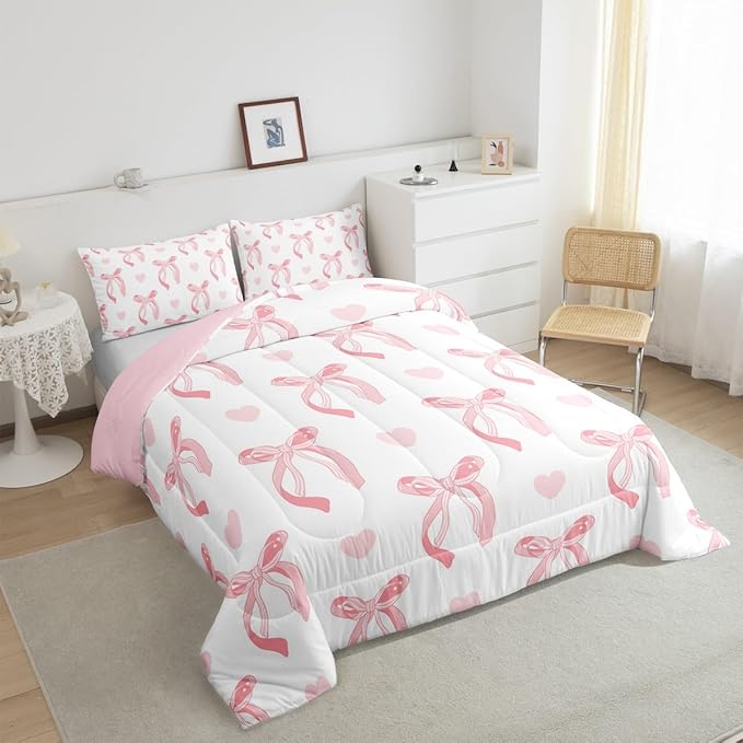 jejeloiu Cute Pink Bow Bedding Set King Size Ribbon Bow Comforter Set for Kids Women Cartoon Love Heart Duvet Set Pink White Quilt Set 3Pcs
