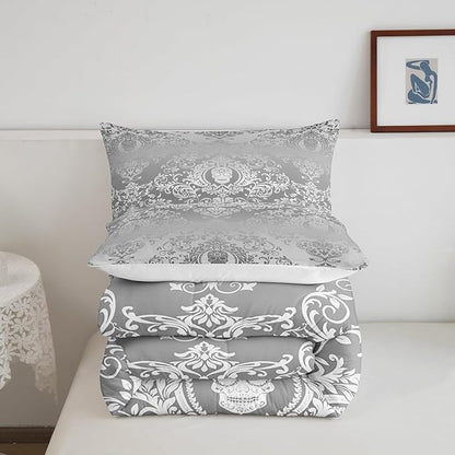 Feelyou Adults Silver Vintage Damask Floral Comforter Set Oriental Antique Comforter Twin Size Gothic Bohemia Boho Bedding Set Exotic Sugar Skull Duvet Set Quilt Set 2Pcs
