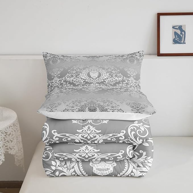 Feelyou Adults Silver Vintage Damask Floral Comforter Set Oriental Antique Comforter Queen Size Gothic Bohemia Boho Bedding Set Exotic Sugar Skull Duvet Set Quilt Set 3Pcs