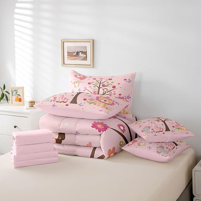 Erosebridal Kids Cute Animal 7 Piece Bedding Set Full Size,Butterflies Trees Bed in a Bag,Love Hearts Bed Set Includes Comforter, Sheet Set, Pillowcases & Pillow Covers All Season Bedroom Decor