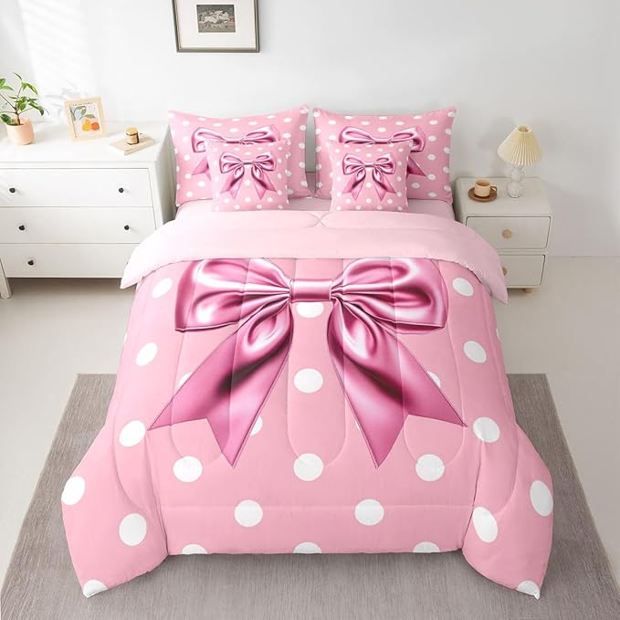 Feelyou Pink Bowknot 7 Piece Bedding Set Polka Point Comforter Set with Sheets for Kids Boys Girls Cute Bow Bed in a Bag Princess Theme Bed Set Soft Lightweight
