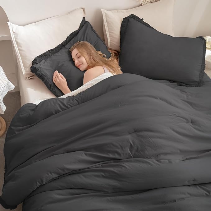 Andency Comforter Set Oversized King Dark Grey 120x120, 3 Pieces Boho Fall Tassel Lightweight Bedding Comforter Sets, All Season Soft Bed Set (1 Comforter & 2 Pillowcases)