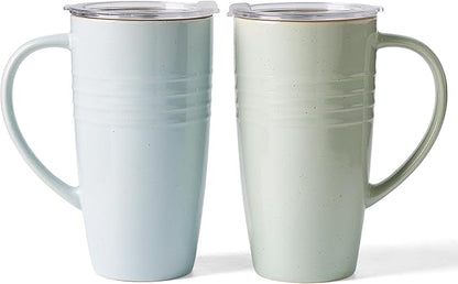 famiware Jupiter Large Coffee Mug, 20oz Coffee Mug with Lid, Ceramic Mugs Set of 2, Cup Set with Handle for Latte, Tea, Cocoa, Milk, Microwave and Dishwasher Safe, Light Blue and Light Green
